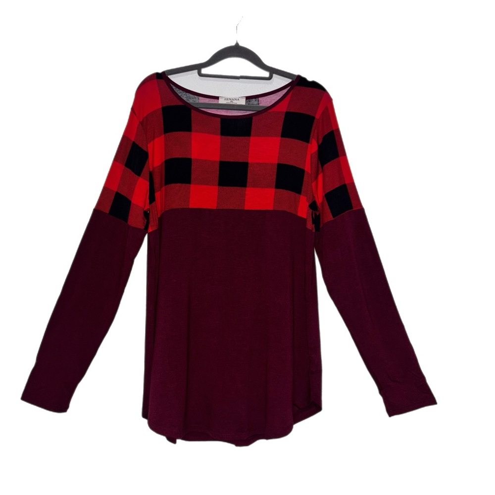 Zenana Outfitters Red and Black Checkered Long Sleeve Top
